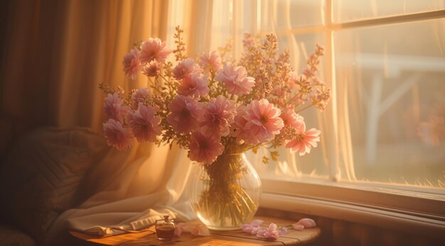 the pink and purple flowers are in a vase on a table sitting next to a window