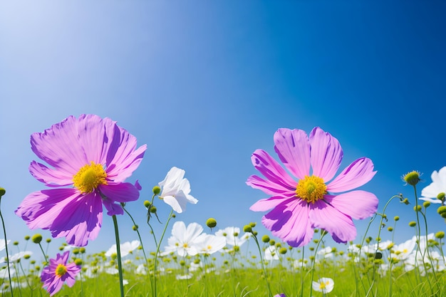 青い空を背景に野原にピンクと紫の花