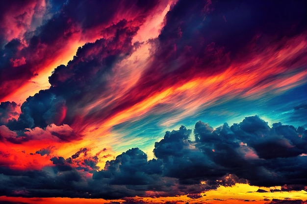 Pink and purple fluffy clouds above ground in sunrise dramatic sky