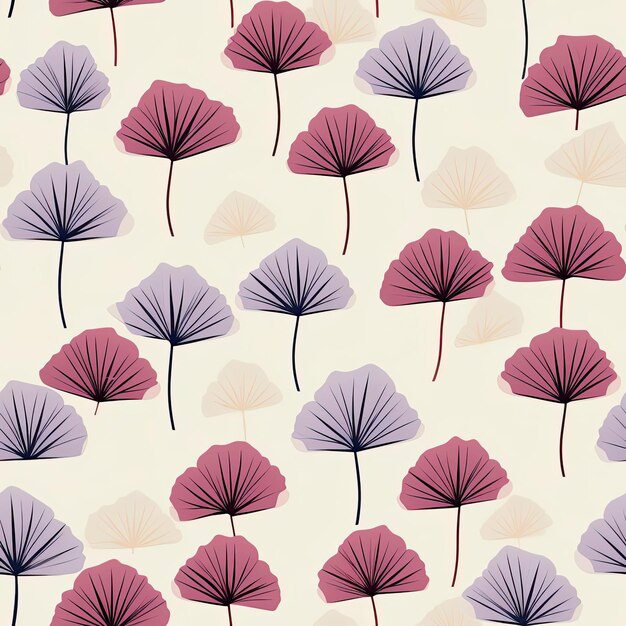 Pink and purple ginkgo leaf pattern on light beige background tiled