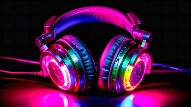 Pink and purple headphones lit up with neon lights