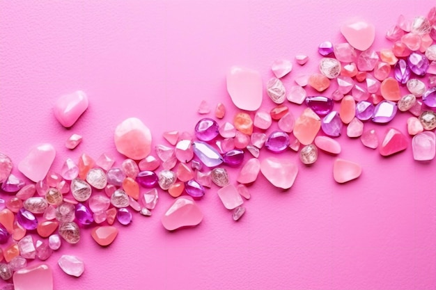 Pink and purple heart shaped gems on a pink background