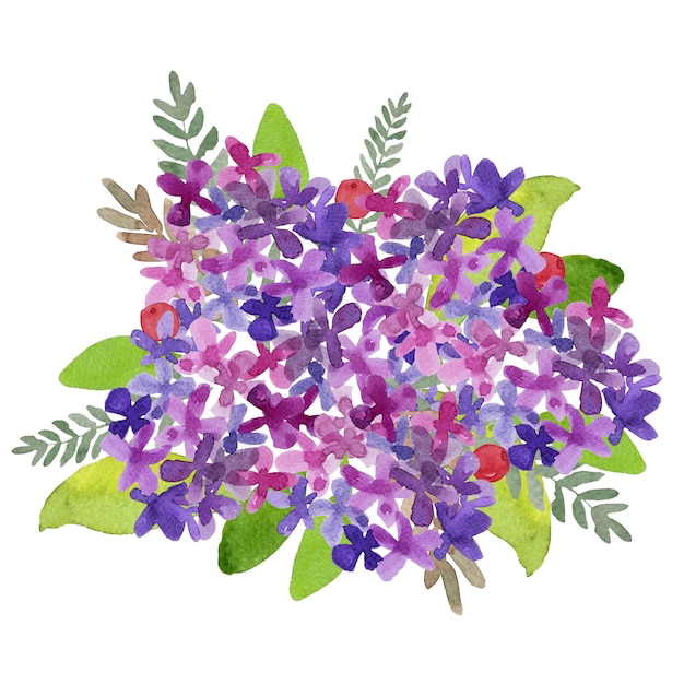 Pink and purple hydrangea bouquet watercolor painting with green leaves