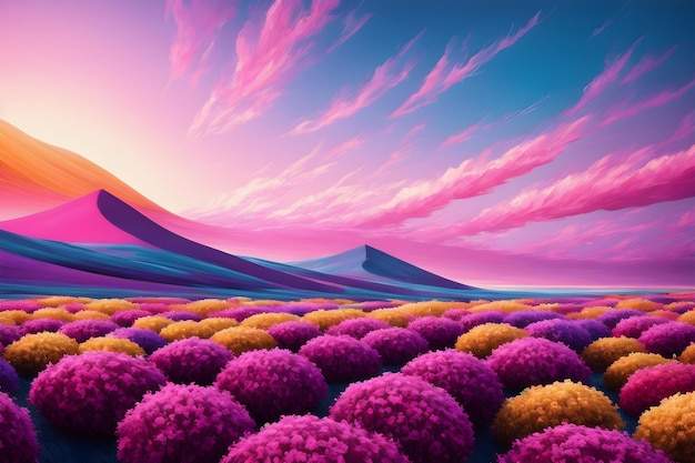 A pink and purple landscape with a field of flowers and a mountain in the background.