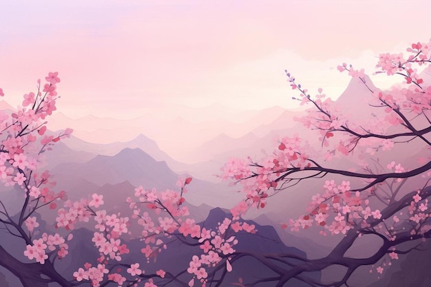 a pink and purple landscape with mountains and clouds.