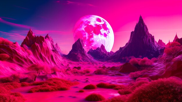 Pink and purple landscape with mountains and full moon in the background generative ai