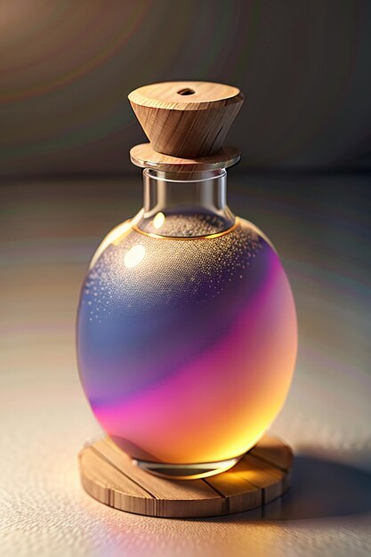 The pink purple liquid in the glass bottle is crystal clear and beautiful through the light