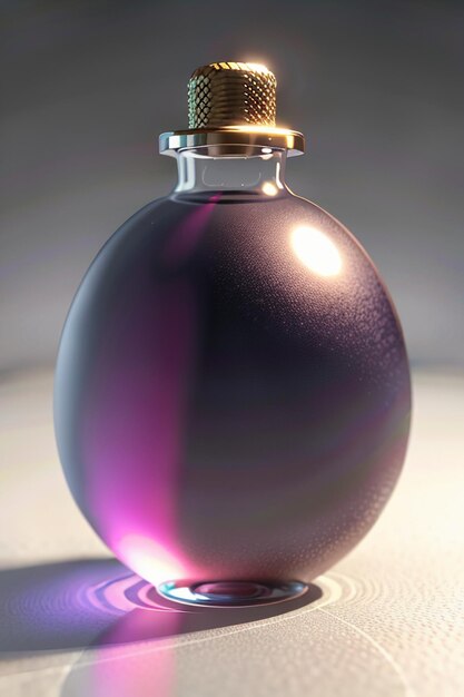 The pink purple liquid in the glass bottle is crystal clear and beautiful through the light