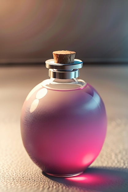 The pink purple liquid in the glass bottle is crystal clear and beautiful through the light