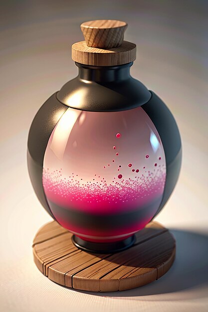 The pink purple liquid in the glass bottle is crystal clear and beautiful through the light