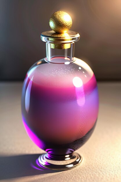 Розово-фиолетовая жидкость в стеклянной бутылке кристально прозрачна и красива на свету.