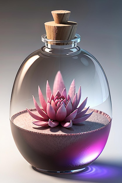 Розово-фиолетовая жидкость в стеклянной бутылке кристально прозрачна и красива на свету.