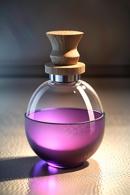 The pink purple liquid in the glass bottle is crystal clear and beautiful through the light