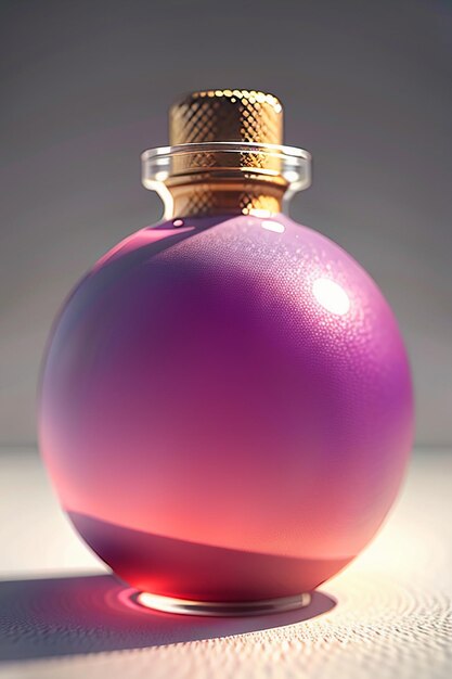 The pink purple liquid in the glass bottle is crystal clear and beautiful through the light