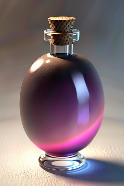 The pink purple liquid in the glass bottle is crystal clear and beautiful through the light