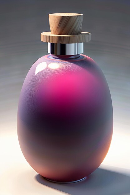 The pink purple liquid in the glass bottle is crystal clear and beautiful through the light