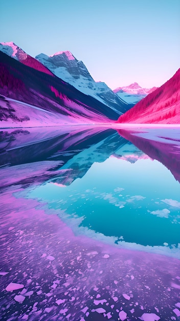 A pink and purple mountain reflected in a lake