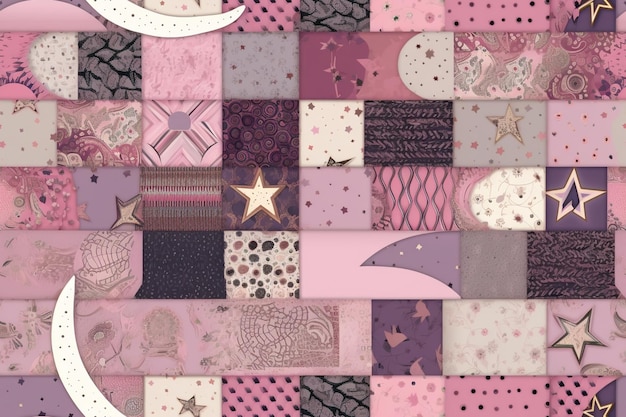A pink and purple quilt with a moon and stars on it.