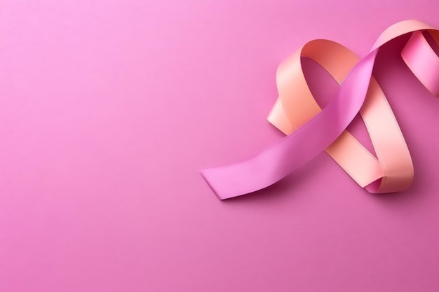 유방암이나 간질 인식의 상징이자 복사 공간인 분홍색이나 보라색 리본 세계 암의 날