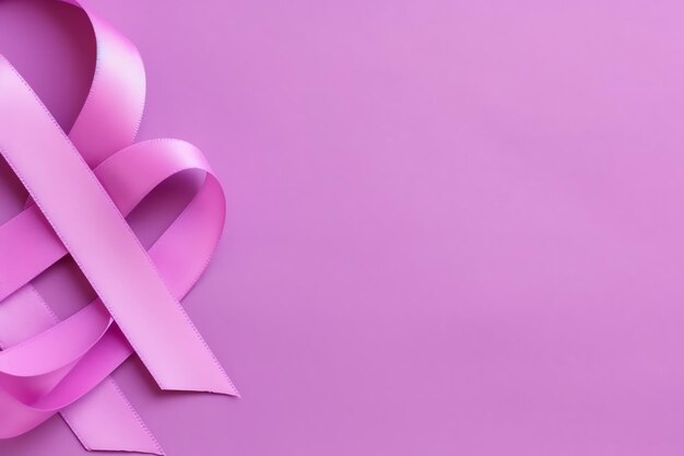 Photo pink or purple ribbon as breast cancer or epilepsy awareness symbol and copy space world cancer day