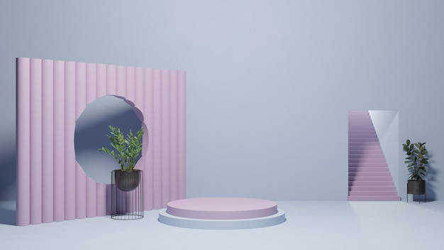 A pink and purple room with a mirror and a plant on the wall.