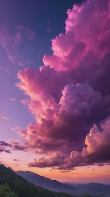 ピンクと紫の空に数つの雲が入っています