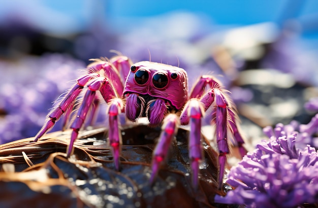 Photo a pink and purple spider is on top of sand