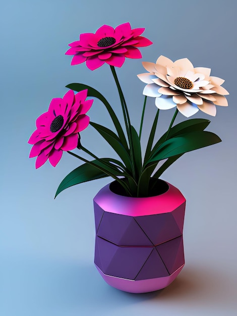 A pink and purple vase with flowers in it and a pink triangle on the left.