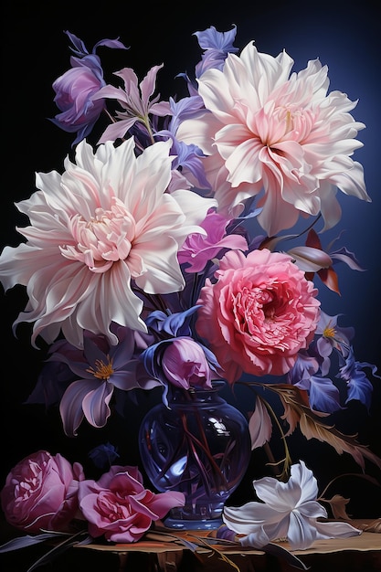 A pink purple and white arrangement of flowers AI generative