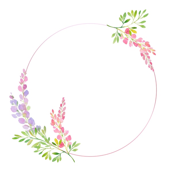 Pink and purple wisteria frame branches and flowers watercolor illustration