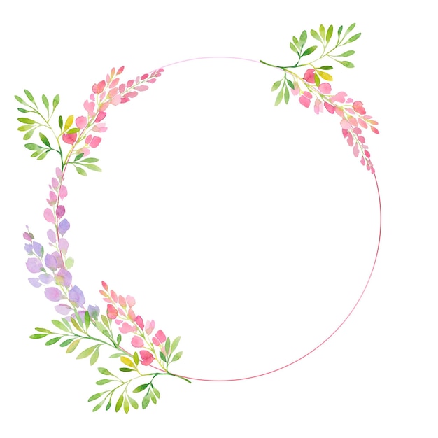 Pink and purple wisteria frame branches and flowers watercolor illustration