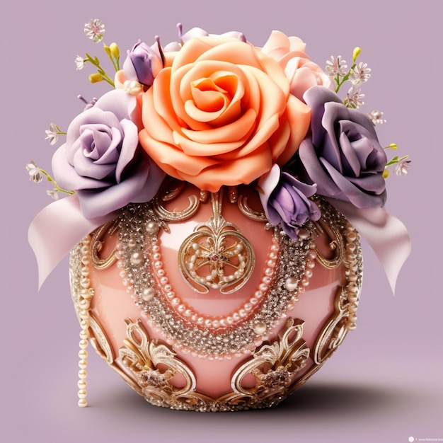 A pink purse with a flower on it and a gold ring with the word " princess " on it.