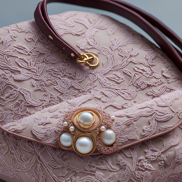 A pink purse with a pearl design on the front.