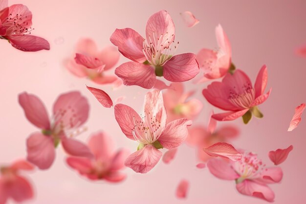 Pink quince blossom in zero gravity isolated on pink background