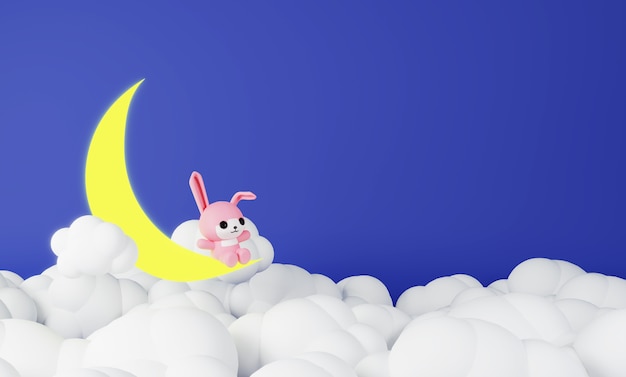 Pink rabbit sitting on the moon