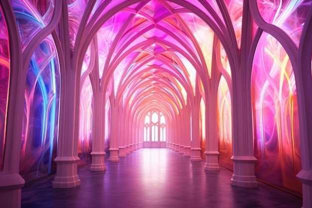 Pink rainbow neon church in the form of arches in the style of cinematic sets muted surrealism