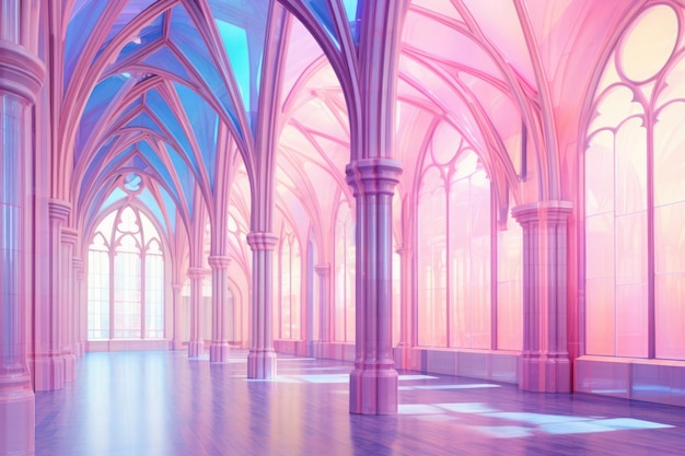 Pink rainbow neon church in the form of arches in the style of cinematic sets muted surrealism