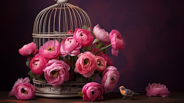 Photo pink ranunculus flowers with decorative bird cage