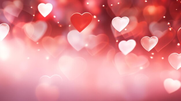 Pink or red background with hearts and bokeh lights romantic backdrop with place for text