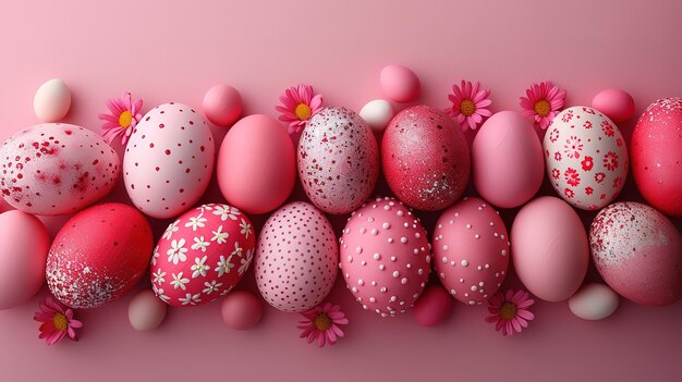 Pink and red Easter background Collection of neatly organized eggs with floral patterns