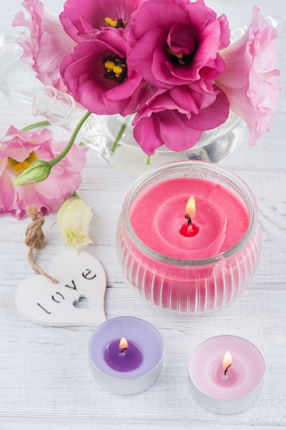 Pink red eustoma flowers and heart