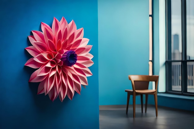 pink and red flower on a blue wall