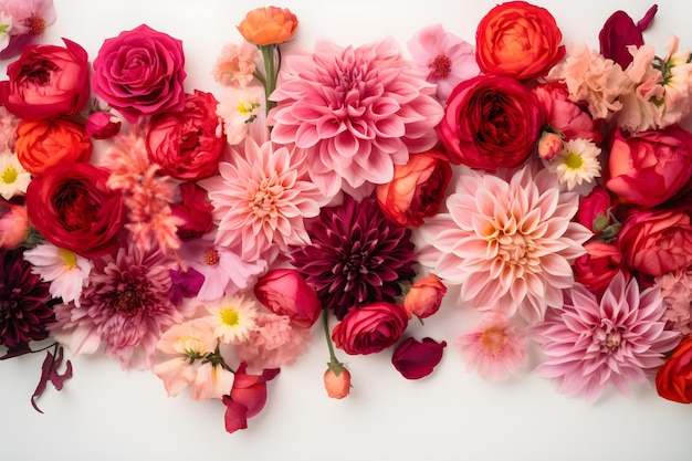 Pink and red flowers composition on white background with copyspace