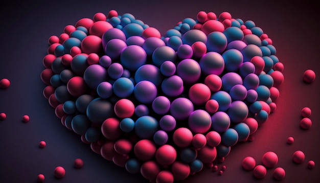 Pink Red Glass and Red Metallic Spheres arranged in a heart shape Generative Ai
