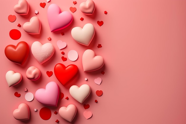 Pink and red hearts on a pink background