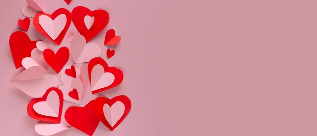 Foto carta rosa e rossa a forma di cuore sul piatto giaceva al bordo del telaio per banner di sfondo o cartolina per il giorno di san valentino