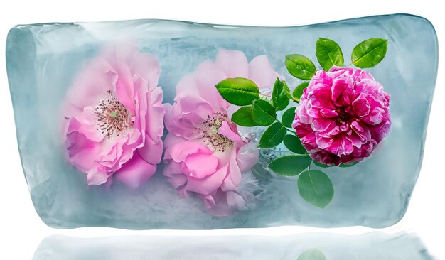 Pink and Red Rose In Ice Qube