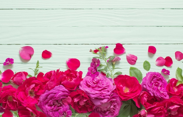 Pink and red roses on green wooden background