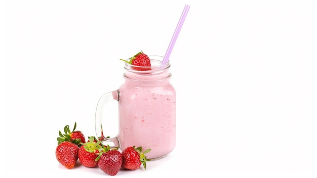 pink red strawberry smoothie in a mason jar glass