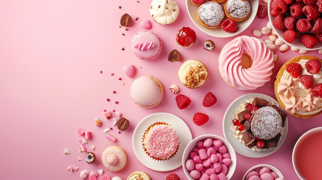 Photo pink and red sweets and treats on a pink background